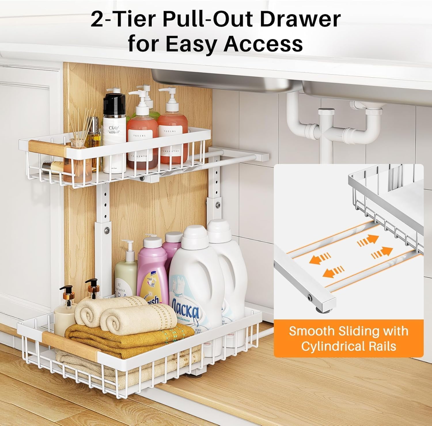 Under Sink Organizer,1 Pack,2 Tier Metal Slide out Sink Shelf Pull out Cabinet Organizer Drawers, Under Sink Organizers and Storage for Kitchen Bathroom Pantry Closet Cabinet