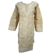 Mogul Womens Cotton Kaftan Beige Floral Embroidered Tunic Dress