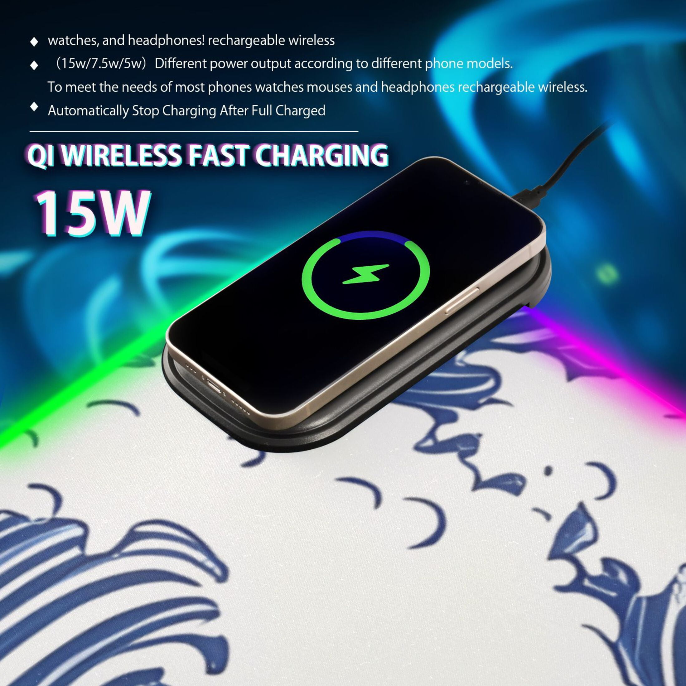 RGB Gaming Mouse Pad 15W Wireless Charging Large Waterproof Desk Mat 13 Light Modes Mousepad 35.4x15.7 Blue White Wave