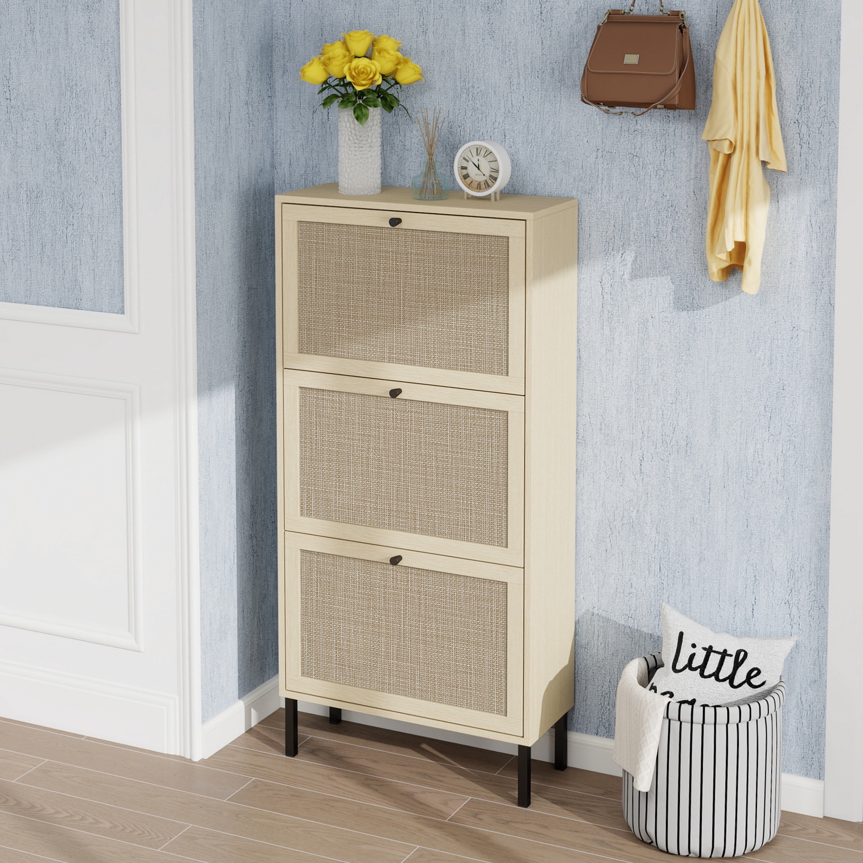 Leumius Shoe Storage Cabinet for Entryway,Modern Shoe Cabinet Storage with 3 Flip Drawers,Slim Freestanding Wood Shoe Rack for Entryway,Bedroom,Living Room,Natural02
