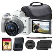 Canon EOS M50 Mirrorless Camera with 15-45mm Lens (White) | 24.1MP APS-C Sensor, Dual Pixel CMOS AF, 4K Video & Vari-Angle Touchscreen | For Vlogging & Content (2681C011) + 64GB Card + Bag + Battery
