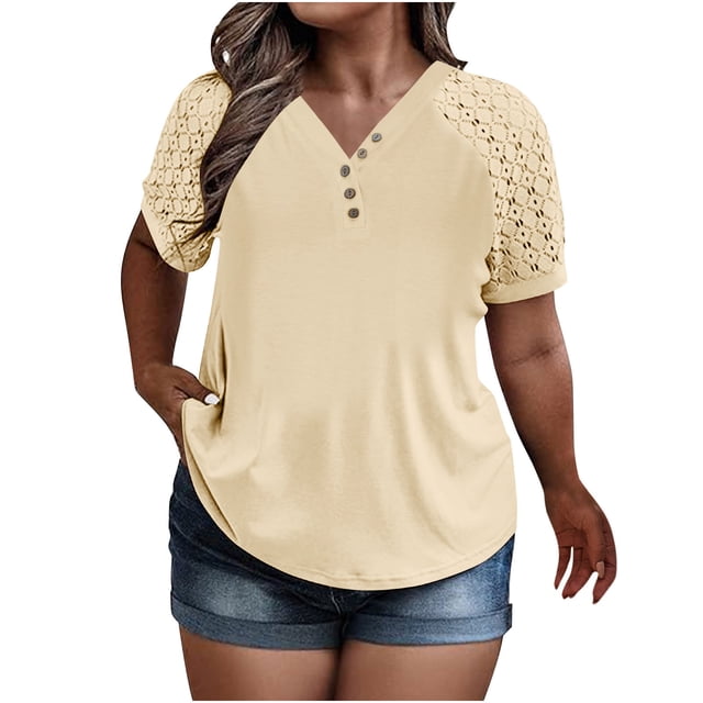 Tamaño Más Manga Corta Tops para Mujeres Verano Color Sólido Puff Manga Corta Suelta Moda Cuello Redondo Top