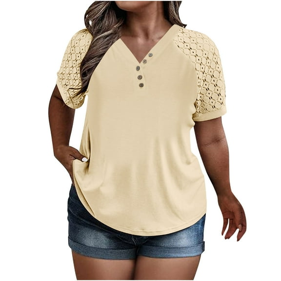 SnZhen Tops for Women Plus Size Women's Summer Solid Color Puff Short Sleeve Loose Fashion Short Sleeve V Neck Top XL-5XL Clothes Under $10.00