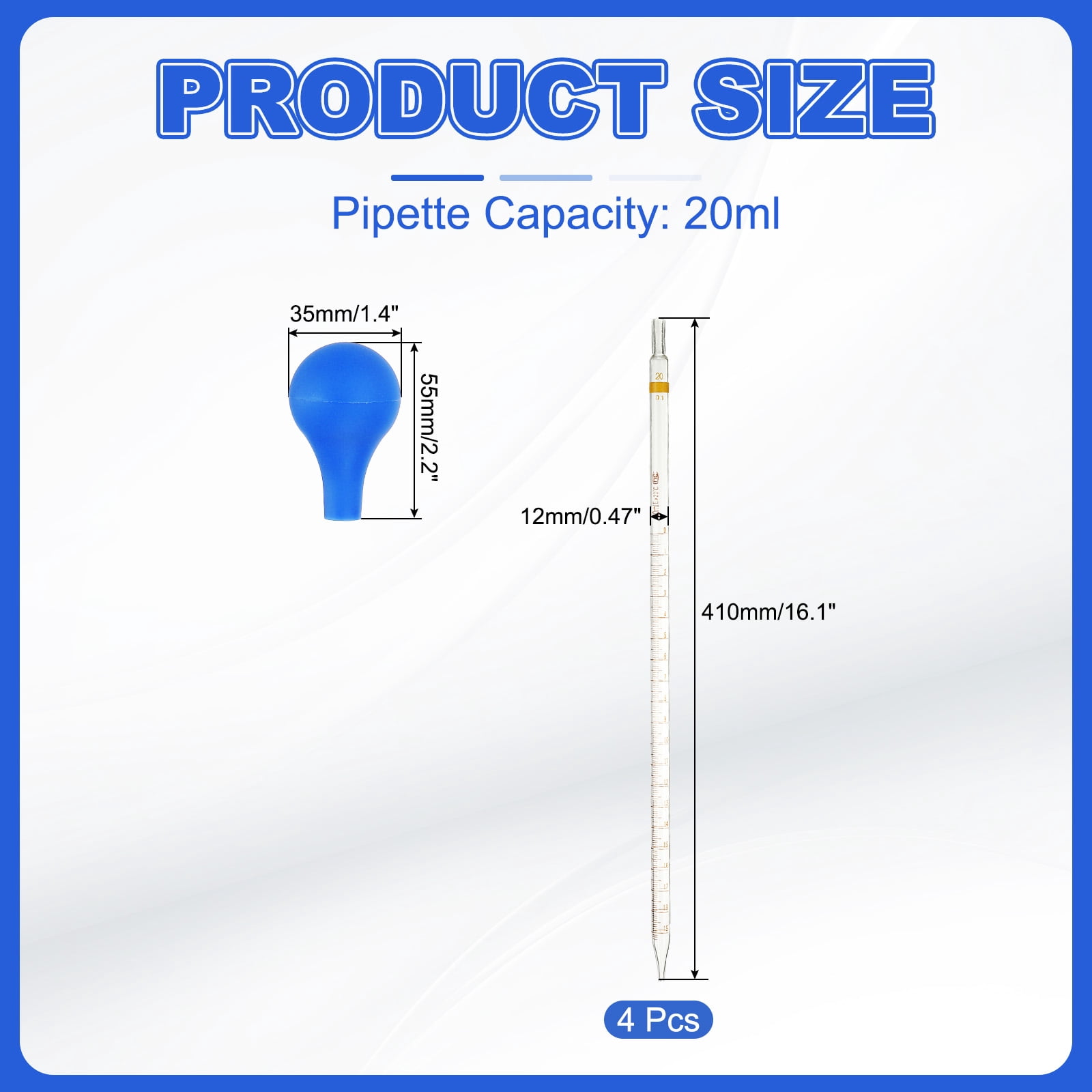 Uxcell Graduated Dropper Pipettes Kit, 4pcs 20ml Borosilicate Glass Pipette with Rubber Cap for Transfer Liquid for Lab, Chemistry, Clear