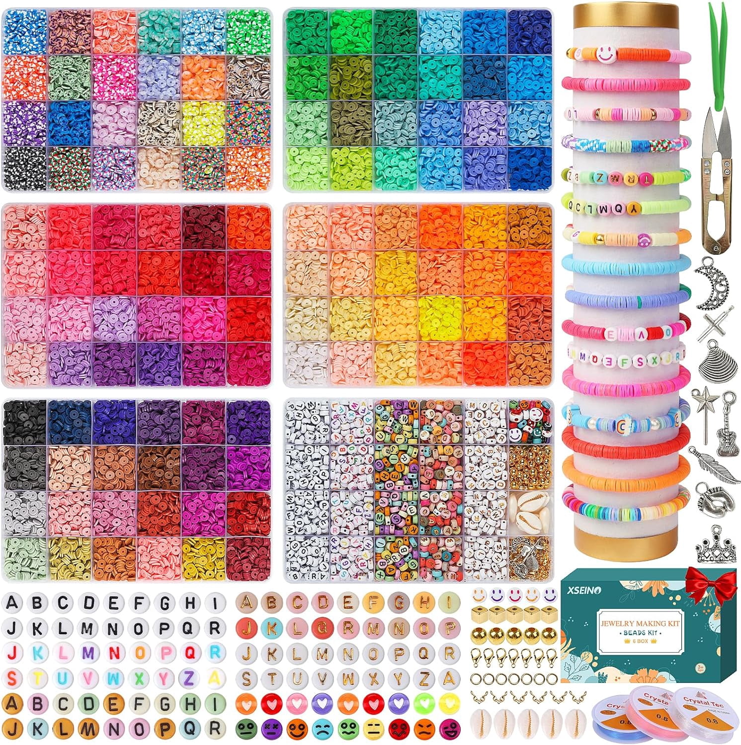 23000Pcs Clay Beads Bracelet Making Kit, 6Boxes 125Colors Friendship Polymer Beads and 5 Styles Letter Beads with Jewelry Making Accessories and 3 Rolls Crystal Cord for Crafts Christmas Gifts