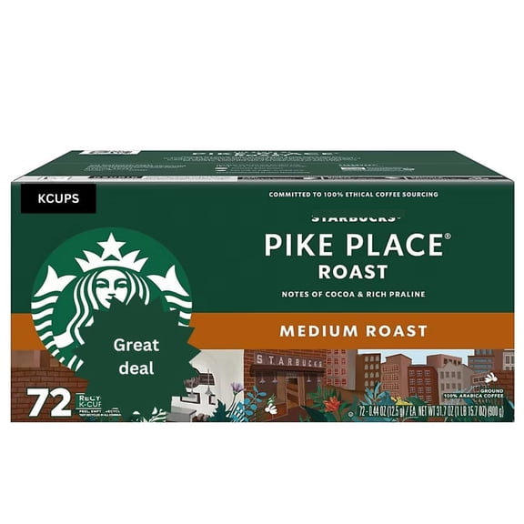 Starbuks Pike Place Roast Medium Roast K'Cup Pods, 72 Count - Single-Serve Coffee Pods for kcups-Brewers - Smooth, Balanced Flavor - Perfect for Morning Coffee
