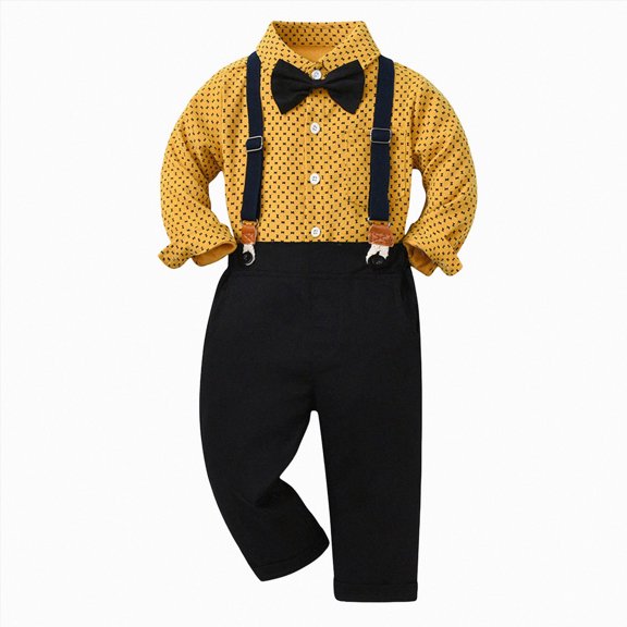 zuwimk Toddler Baby Boy Fall Outfit Gentleman Formal Long Sleeve Bowtie Dress Shirt Suspender Pants 2Pc Suit Clothes Set(2-3 Years,Yellow)