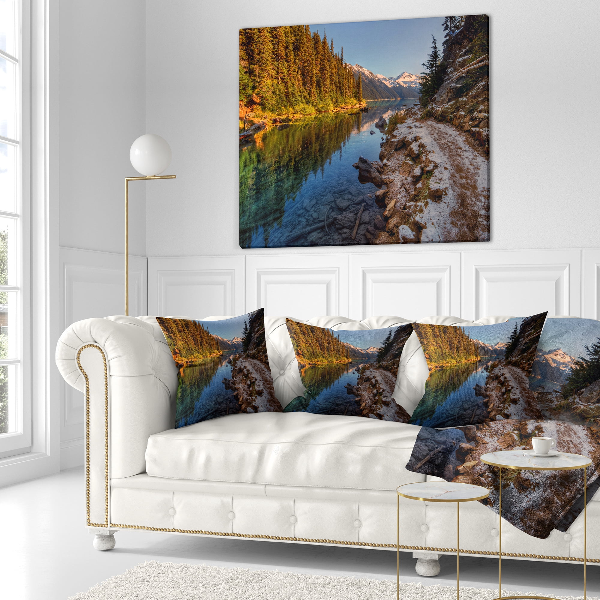 Designart Placid Lake between Mountains - Landscape Printed Throw Pillow - 16x16