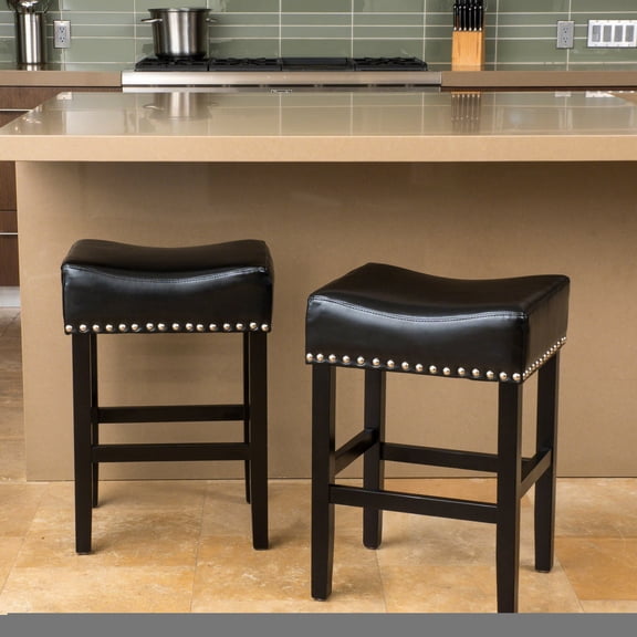 Black Leather 26" Backless Counter Stools, 2 - Piece Set - Comfortable Saddle Seats