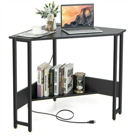 Resenkos Triangle Computer Corner Desk with Charging Station-Black Home Office Desks Gaming Computer Desks for Study Working Writing