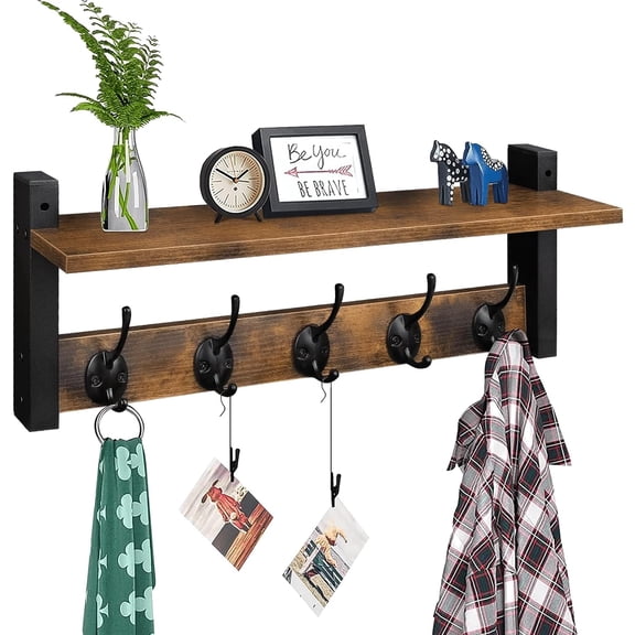 Wood Wall Hook Shelf with 5 Metal Hooks, Rustic Brown Black Coat Rack for Entryway Bathroom Mudroom Bedroom, Wall-Mounted Hanging Storage for Clothes Hats Towels Purse Robes