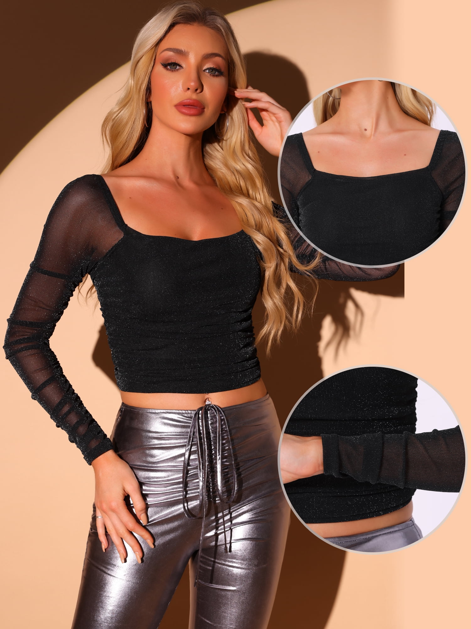 DARING DIVA Women's Cropped Glitter Mesh Ruched Blouse L Black