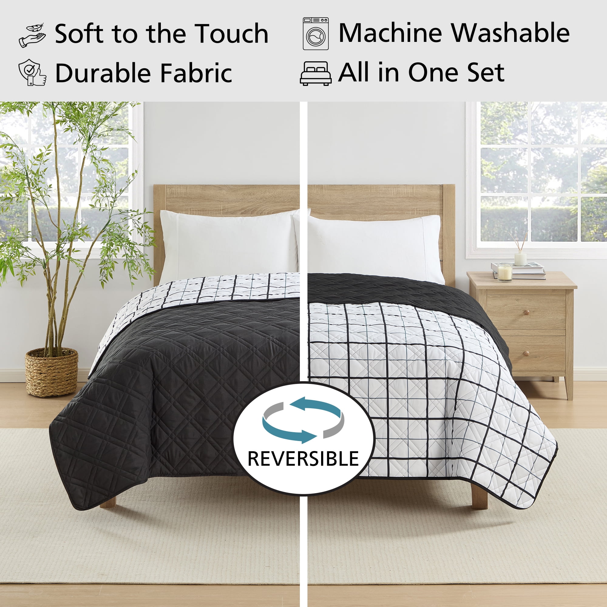Mainstays Silky Classic Quilt Black Plaid Polyester Quilted Quilts, Full/Queen - Reversible