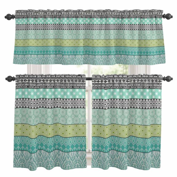 Teal Black Boho Kitchen Curtains Sets for Windows 36 Inch Length, Vintage Ethnic Tribe Abstract Art Rod Pocket Window Treatments Tier Curtains and Valances Set for Bedroom/Bathroom