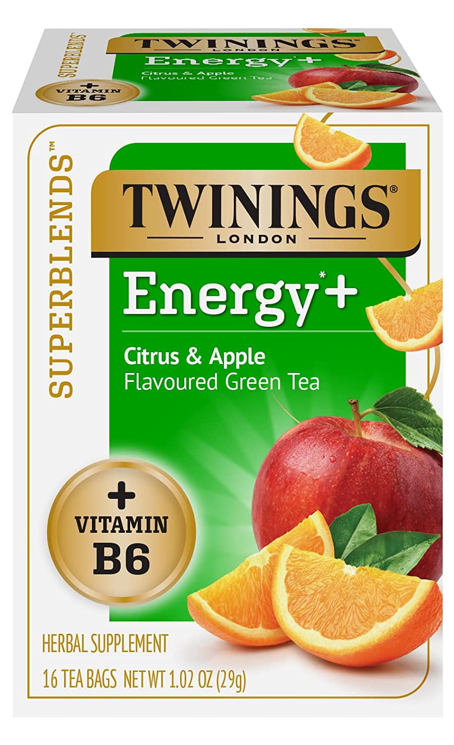 Twinings Superblends Energy+ Citrus & Apple Flavoured Green Tea, 16 Tea Bags (Pack of 6)