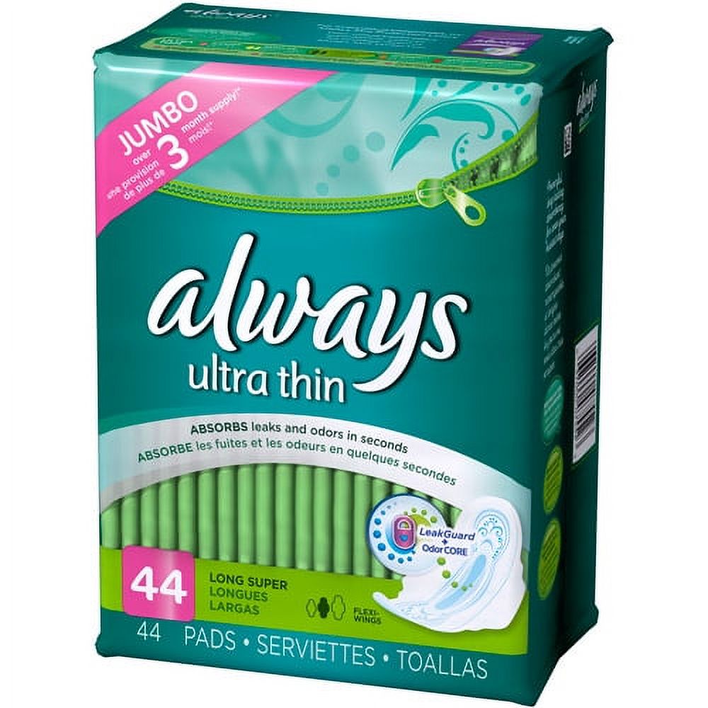 Always Ultra Thin Pads with Wings, Long, Super, 44 Count