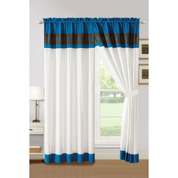4-Pc Aziza Moroccan Trellis Embroidery Curtain Set Blue Off-White Gray Valance Drape Sheer Liner
