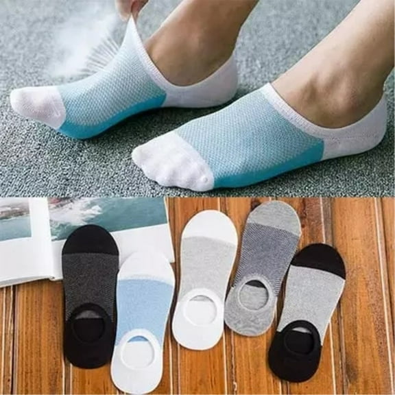 Cheers.US 5Pairs Men Summer Comfort Breathable Mesh Color Block Anti-slip Invisible Low Cut Boat Socks
