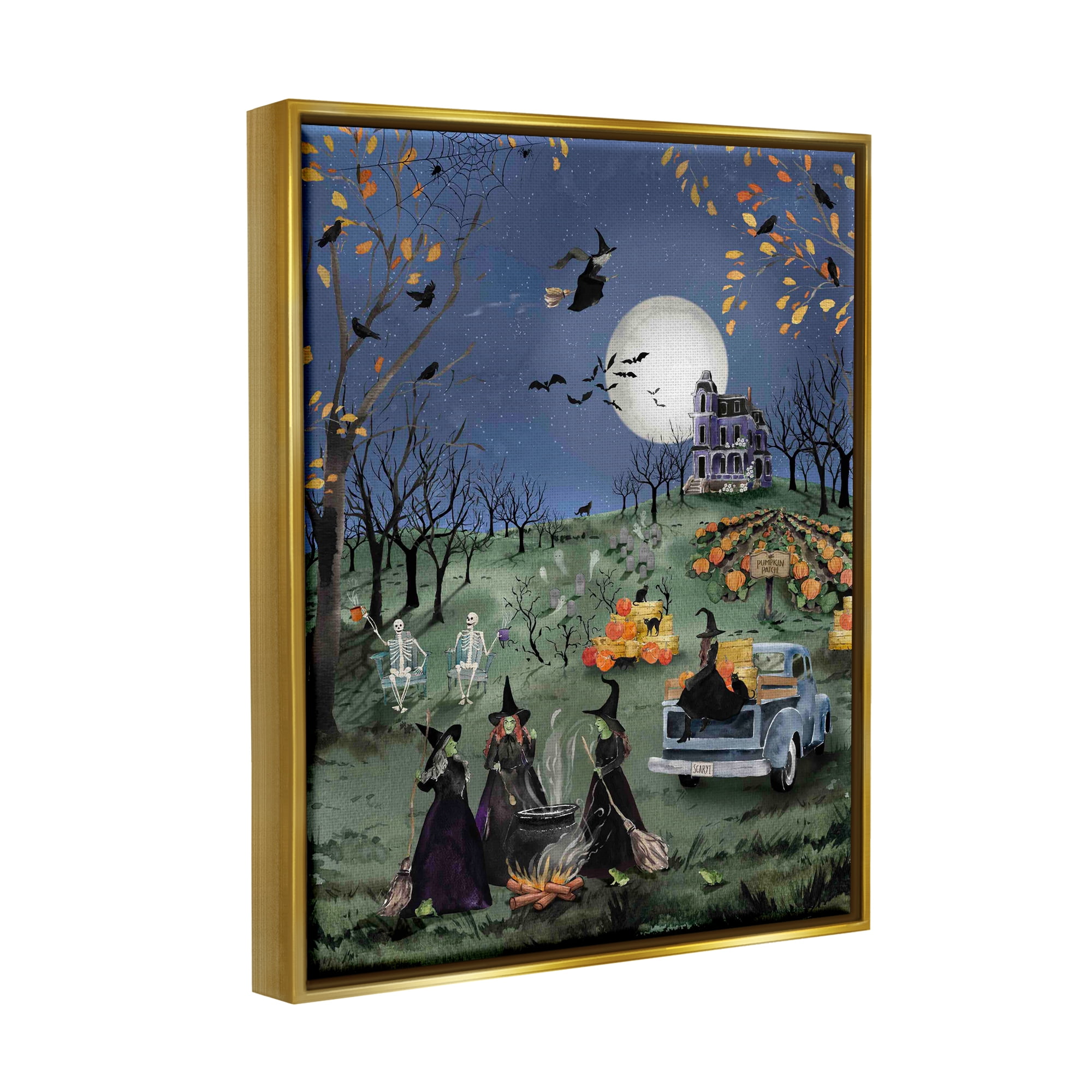 Stupell Industries Autumnal Witches Scene Holiday Painting Gold Floater Framed Canvas Art Print Wall Art, 25 x 31