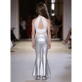 thumbnail image 6 of inlzdz Girls Shiny 70s Disco Outfit Bell Bottom Jumpsuit Halter Neck Sleeveless Sequins Dancing Bodysuit Silver 4, 6 of 7