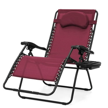 Oversized Folding Outdoor Patio Lounge Recliner, Zero Gravity Extra-Wide Chair w/Cup Holder Accessory Tray and Removable Pillow - Red