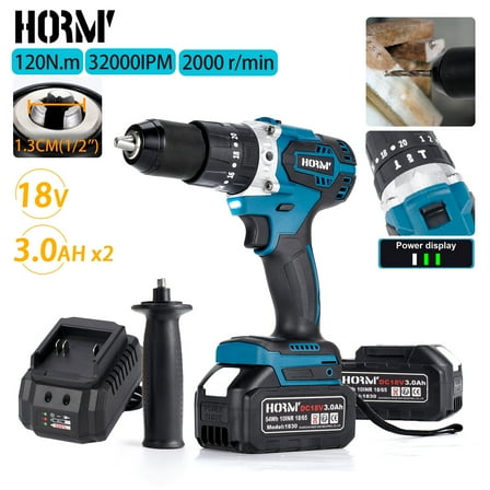 HORMY 18V 1/2-inch Cordless Hammer Drill with 2 Batteries Kit, Brushless Hammer Driver Drill for Concrete with 2 Speed Removable Handle for Home Improvement, Woodworking, Metal