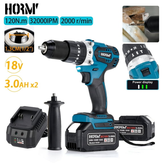 HORMY 18V 1/2-inch Cordless Hammer Drill with 2 Batteries Kit, Brushless Hammer Driver Drill for Concrete with 2 Speed Removable Handle for Home Improvement, Woodworking, Metal