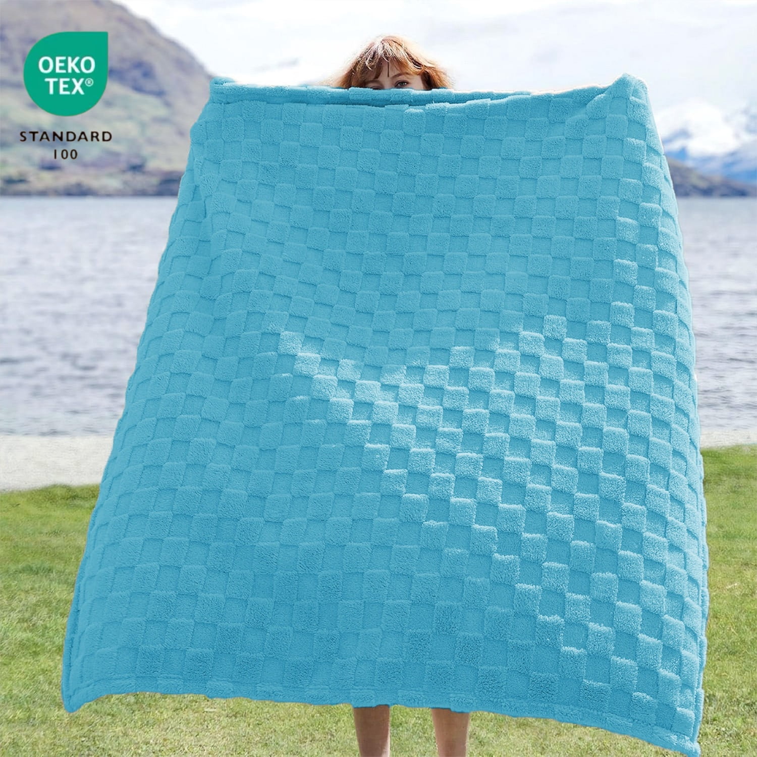 ROSEKIND Super-soft Aesthetic 3D Embossed Checkerboard Fleece Throw Blanket, Reversible Luxury Textured Fuzzy Plush Throw for Couch Bed Sofa, All-season, Lack Blue, 60"x80"