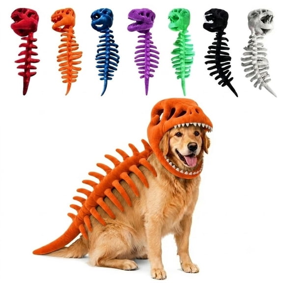 Pet Dinosaur Costume Soft Plush Dino Costume for Dogs Cats, Skeleton Dinosaur Halloween Outfit, Cute Pet Cosplay Clothing, Funny Dress Up Apparel for Medium Large Animals,Saffron