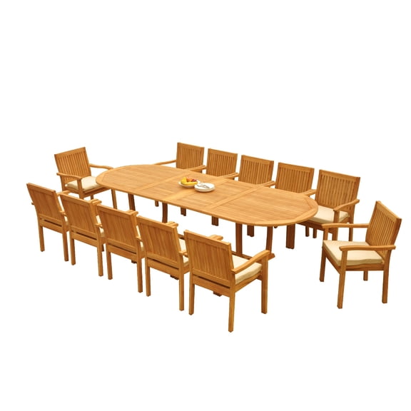 Grade-A Teak Dining Set: 12 Seater 13 Pc: 118" Mas Oval Trestle Leg Table And 12 Leveb Stacking Arm Chairs Outdoor Patio WholesaleTeak #51LV2713