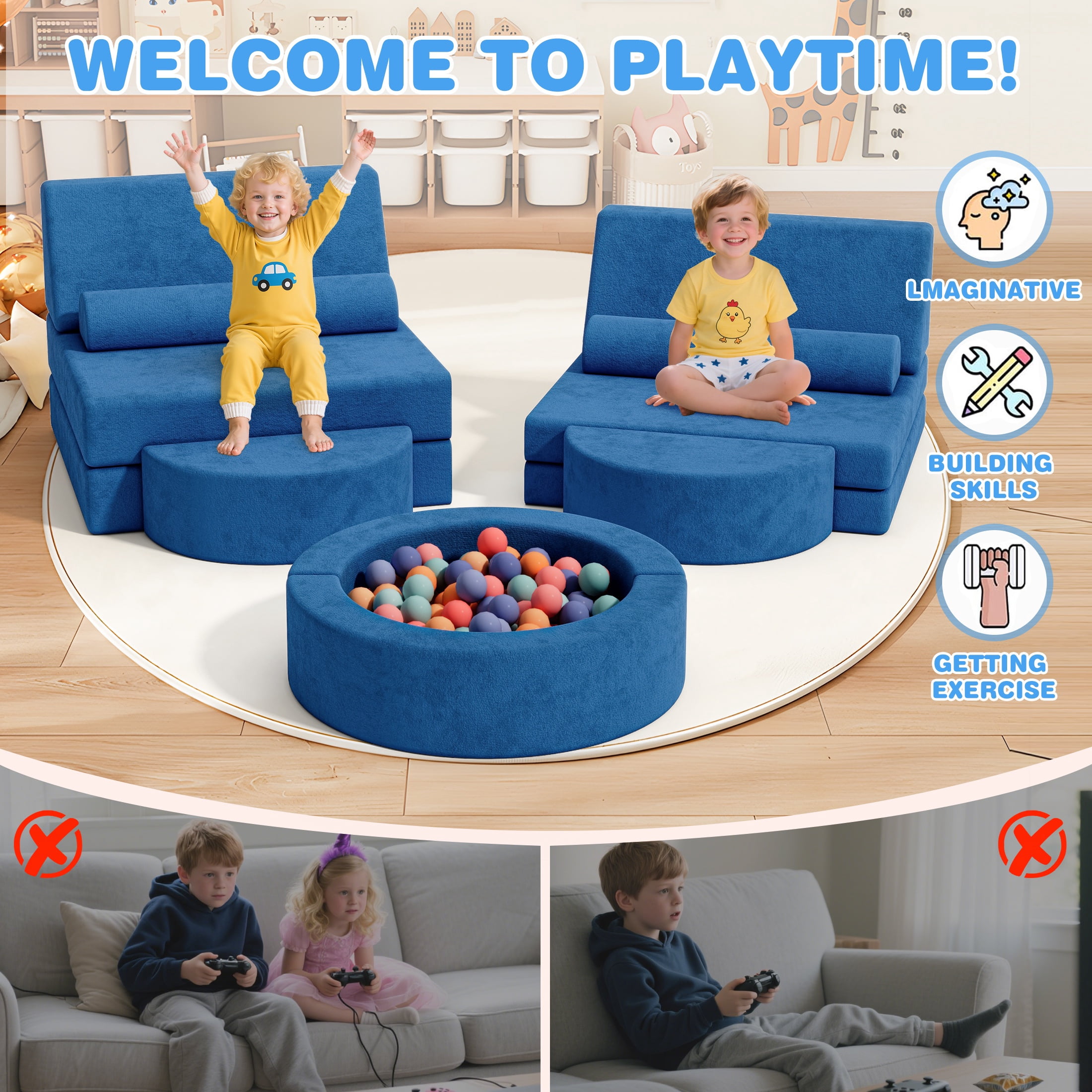 11PCS Modular Kids Play Couch, HSUNNS Fabric Kids' Sofa with Removable Cover, Convenient Storage, Indoor Foam Sofa Living Room Sectional Couch for Boys Girls 3-8, CPC Certification, Blue