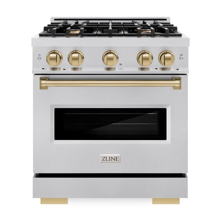 ZLINE Autograph Edition 30 in. 4.2 cu. ft. Classic Dual Fuel Range with 4 Burner Gas Cooktop and Electric Convection Oven in Stainless Steel with Champagne Bronze Accents (CDRZ-30-CB)