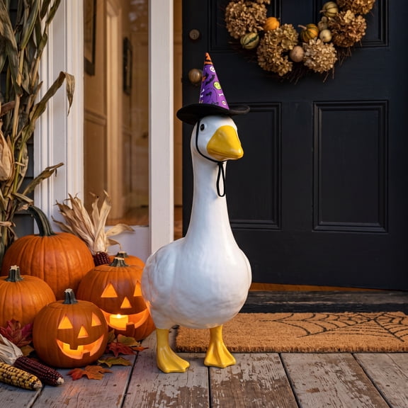 Sruoe Halloween Ghost‑Print Witch Hat for 23 Inch Porch Goose Statue, Decorative Holiday Hat for Lawn Goose Figurine