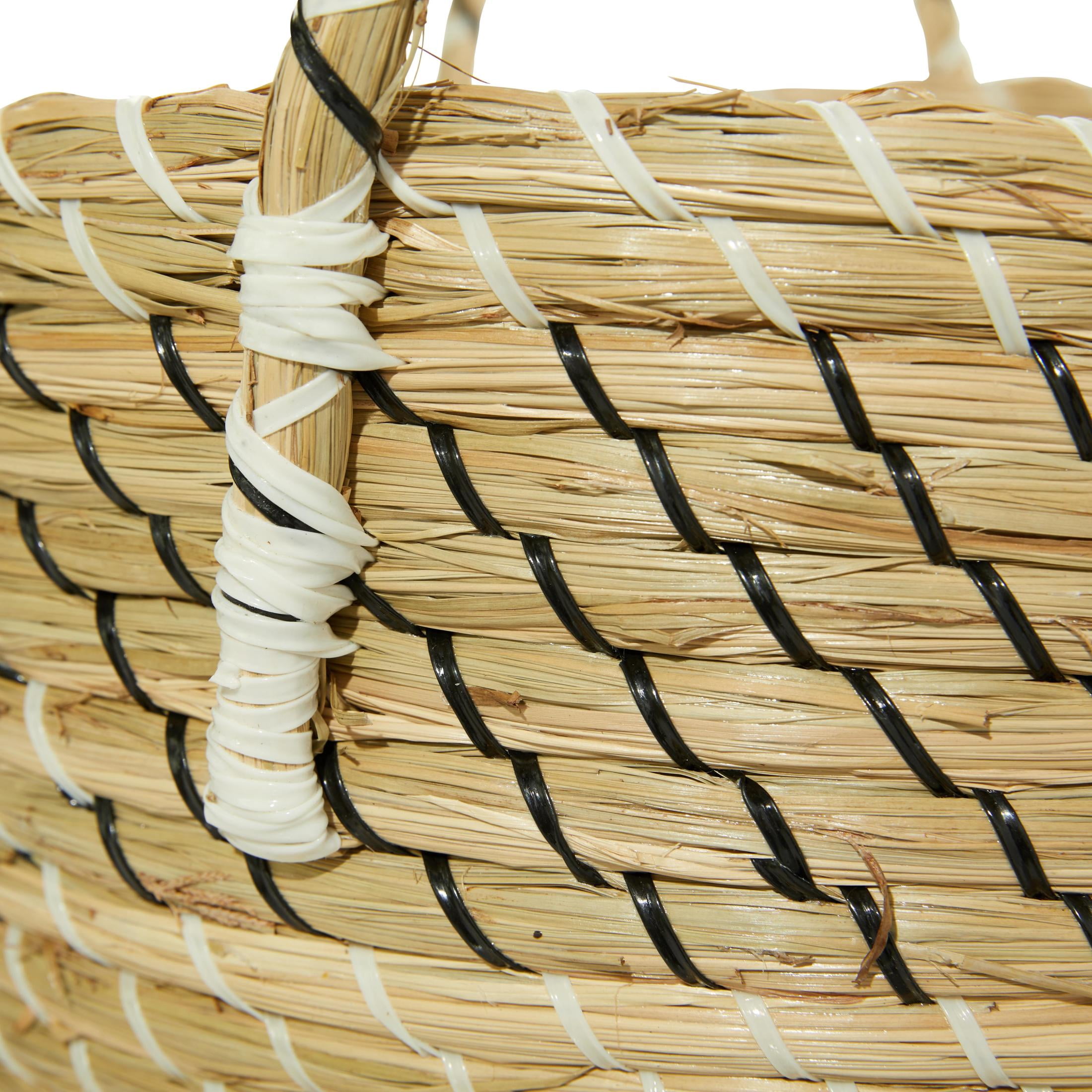 DecMode 14", 17", 19"H Beige Seagrass Handmade Woven Storage Basket with Black and White Zig Zag Pattern, 3-Pieces