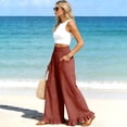 thumbnail image 4 of Satingcolo Women Linen Pants Summer Ruffle Wide Leg Palazzo Pant Smocked Waist Travel Lounge Trousers Beach Vacation Outfits Red 2XL, 4 of 8