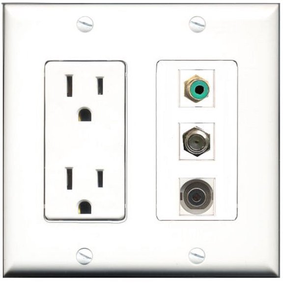 RiteAV - 15 Amp Power Outlet 1 Port RCA Green 1 Port Coax 1 Port 3.5mm Decorative Wall Plate