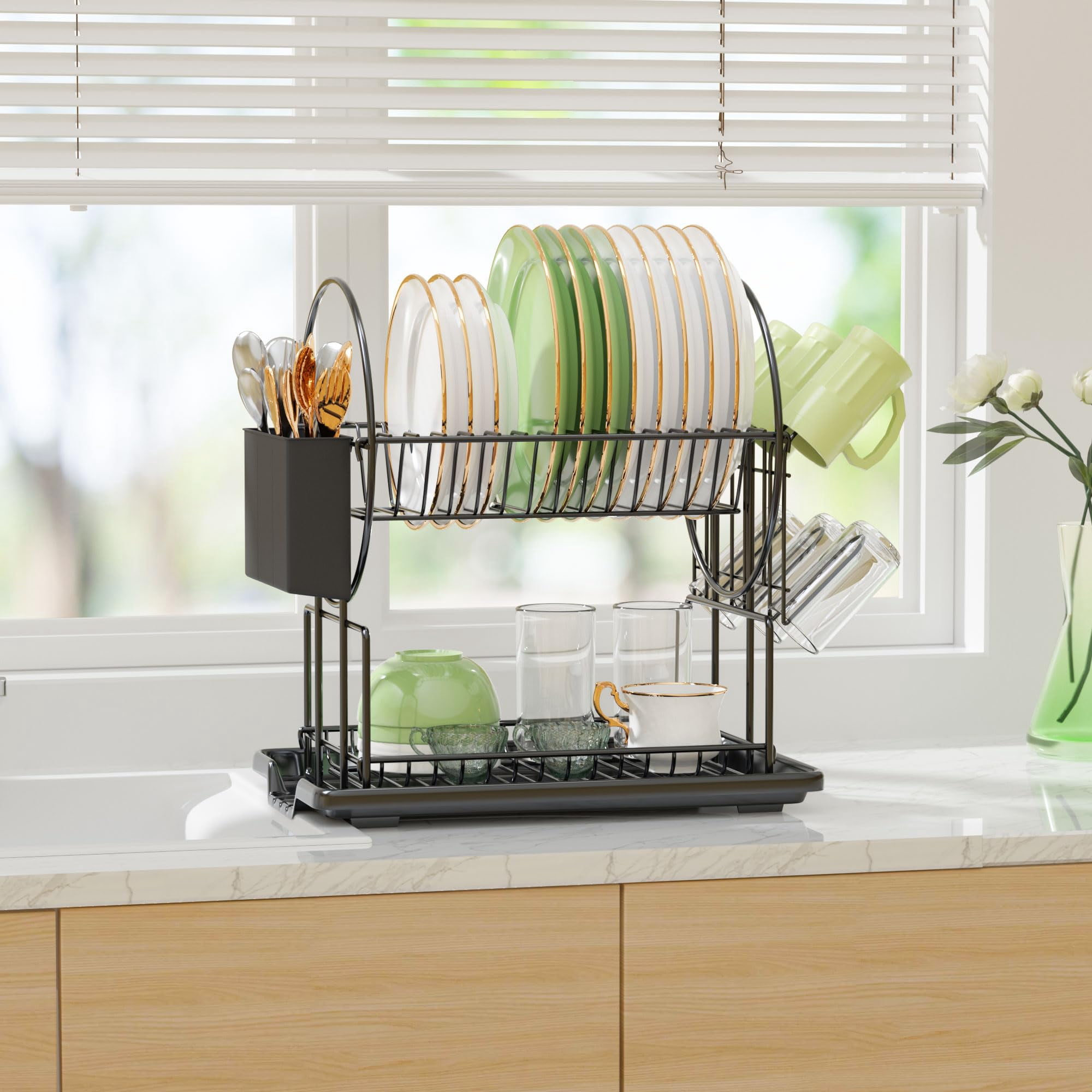 NIFFGAFF Dish Drying Rack, Black 2 Tier Dish Drainer Racks with Tray, Cup Utensil Holder for Kitchen (15*9.3*14.6 in)