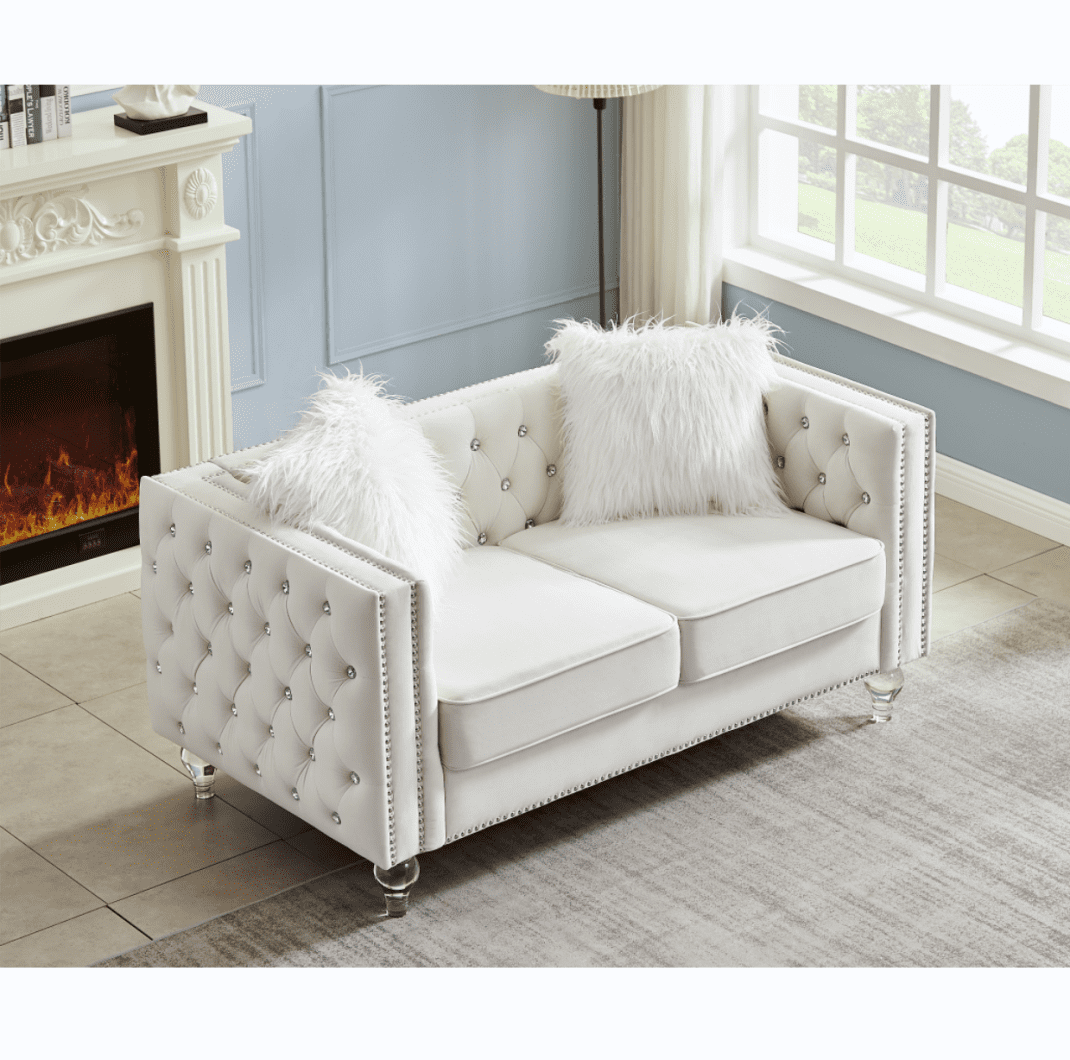 Modern Velvet Upholstered Loveseat Sofa with 2 Plush Pillows, Leisure 2-Seater Couch with Crystal Feet and Buckle, Lounge Sofa for Living Room, Bedroom, Office, Apartment, Beige