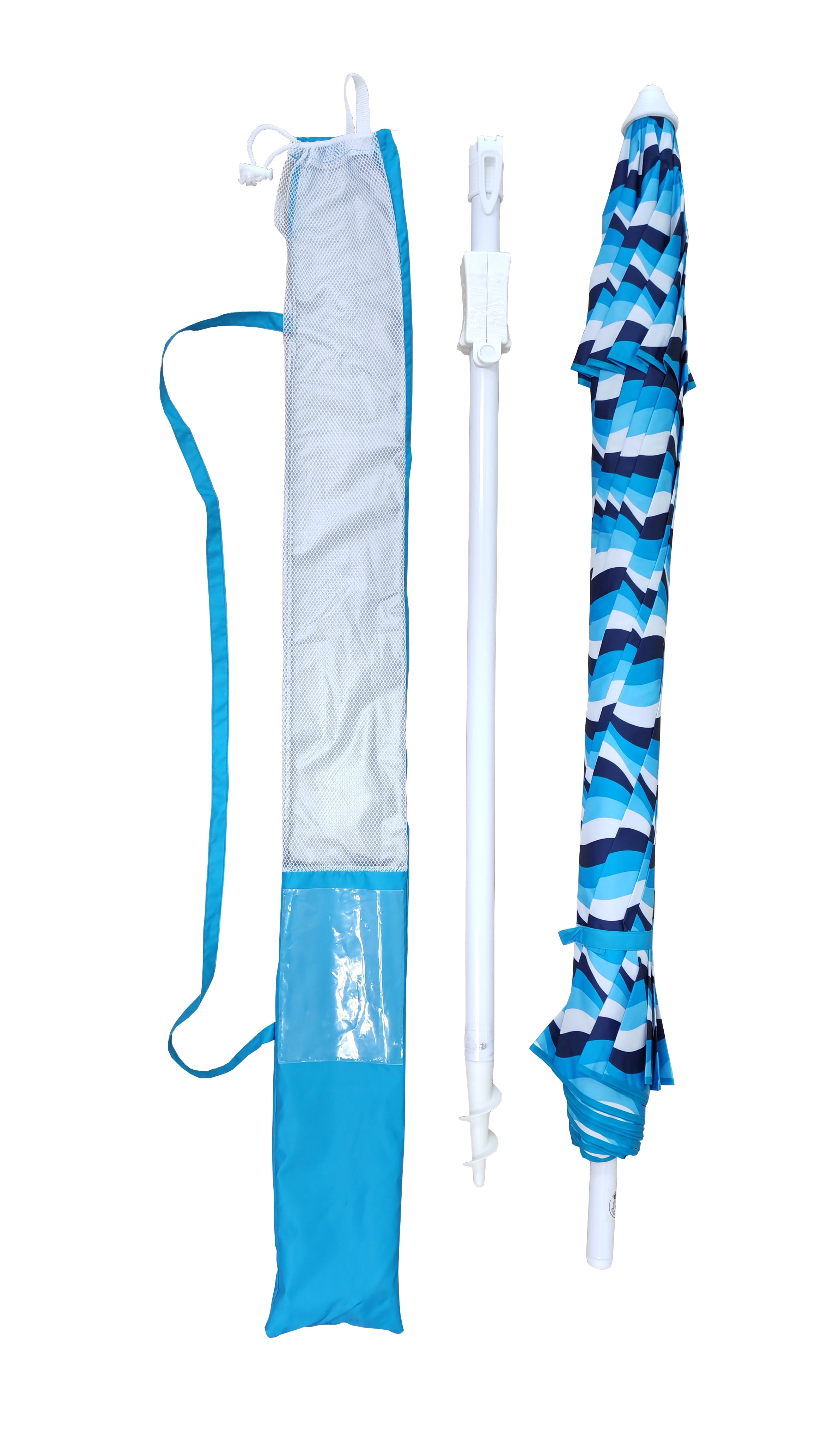 Mainstays 7.5' Beach Umbrella with Tilt, Sand Anchor, Blue Wave Print, UV 50+ Sun Protection, 94"
