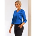 thumbnail image 2 of Blusa de satén para mujer Camisas informales sólidas con cuello en V de manga 3/4 Azul Real XL, 2 of 6