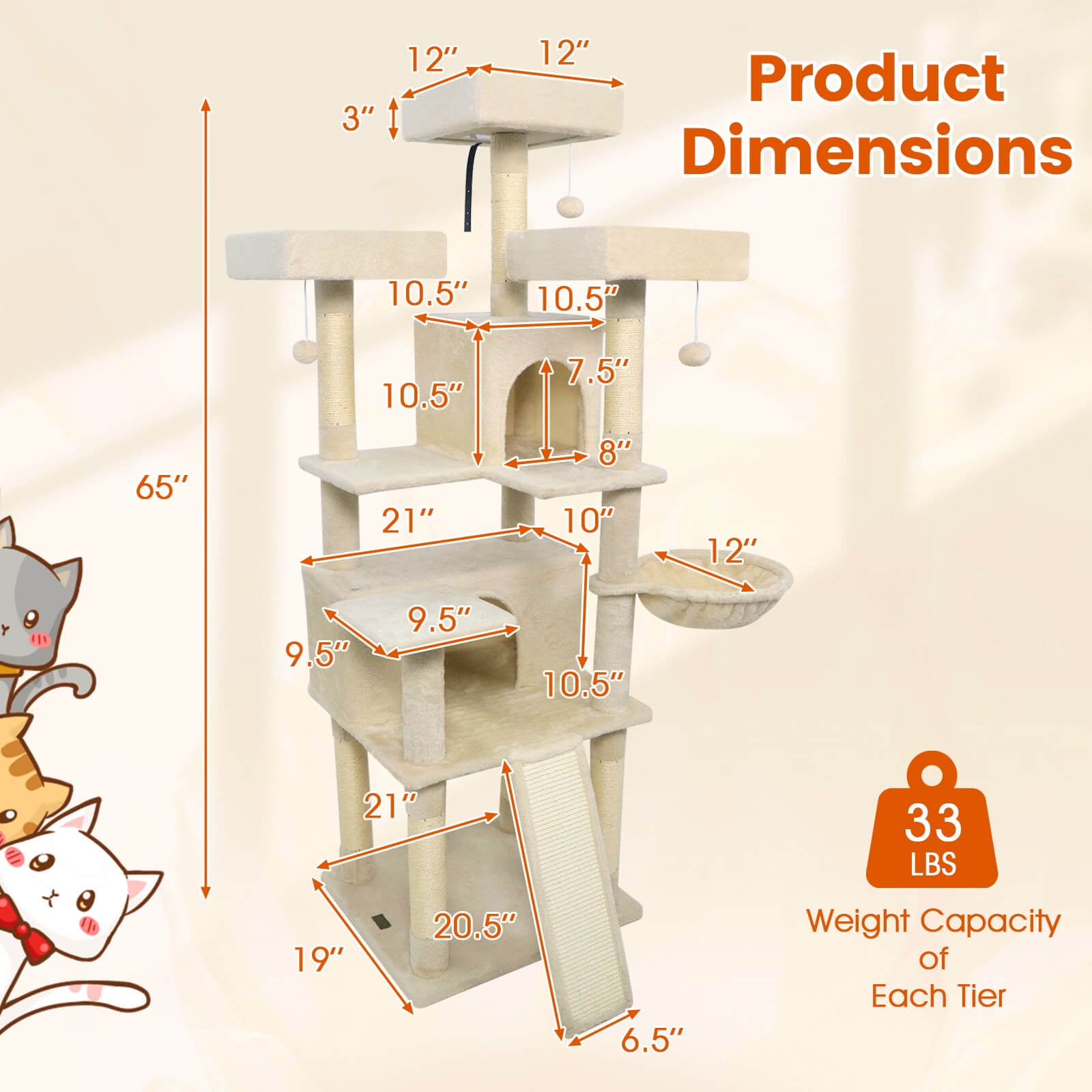 Costway 65” Tall Multi-level Cat Tree with 3 Upholstered Top Perch 2 Cat Condos Cat Basket Beige