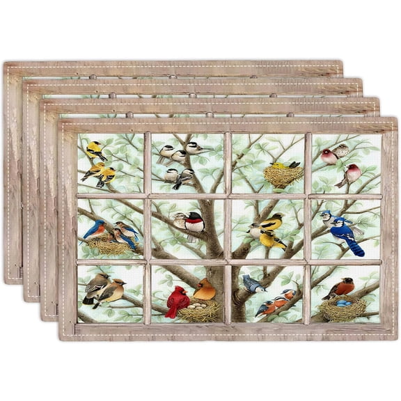 Farmhouse Birds Placemats Set of 4 Farm Bird Table Mats Decor Country Hummingbirds Place Mats Imitation Linen Heat Resistant Rustic Tablecloth for Dining Decoration Kitchen Party Restaurants 12''x18'