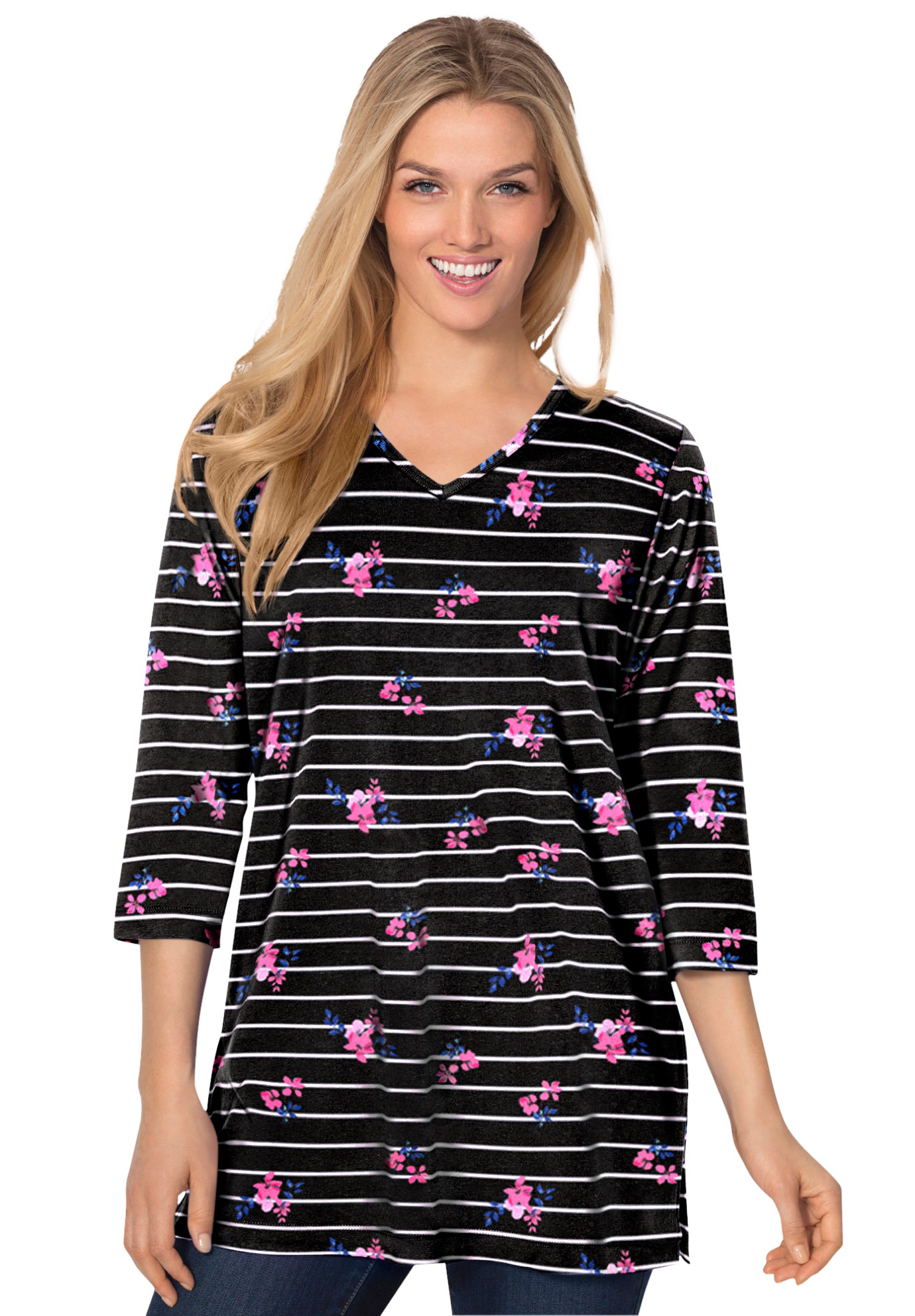 Woman Within Women's Plus Size Perfect Printed Three-Quarter-Sleeve V-Neck Tunic Woman Within Women's Plus Size Perfect Printed Three-Quarter-Sleeve V-Neck Tunic