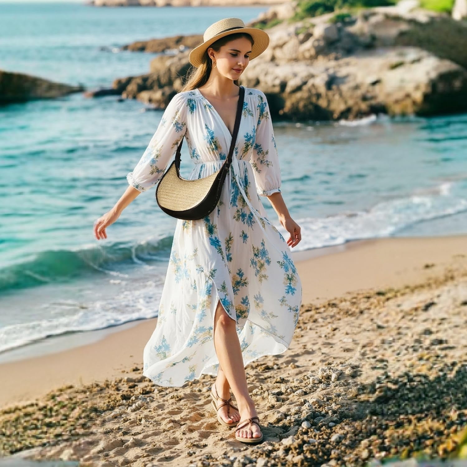 CAILDANL Straw Crossbody Bag for Women Beach Woven Hobo Handbag Summer Chic Crescent Shoulder Purses with Adjustable Strap