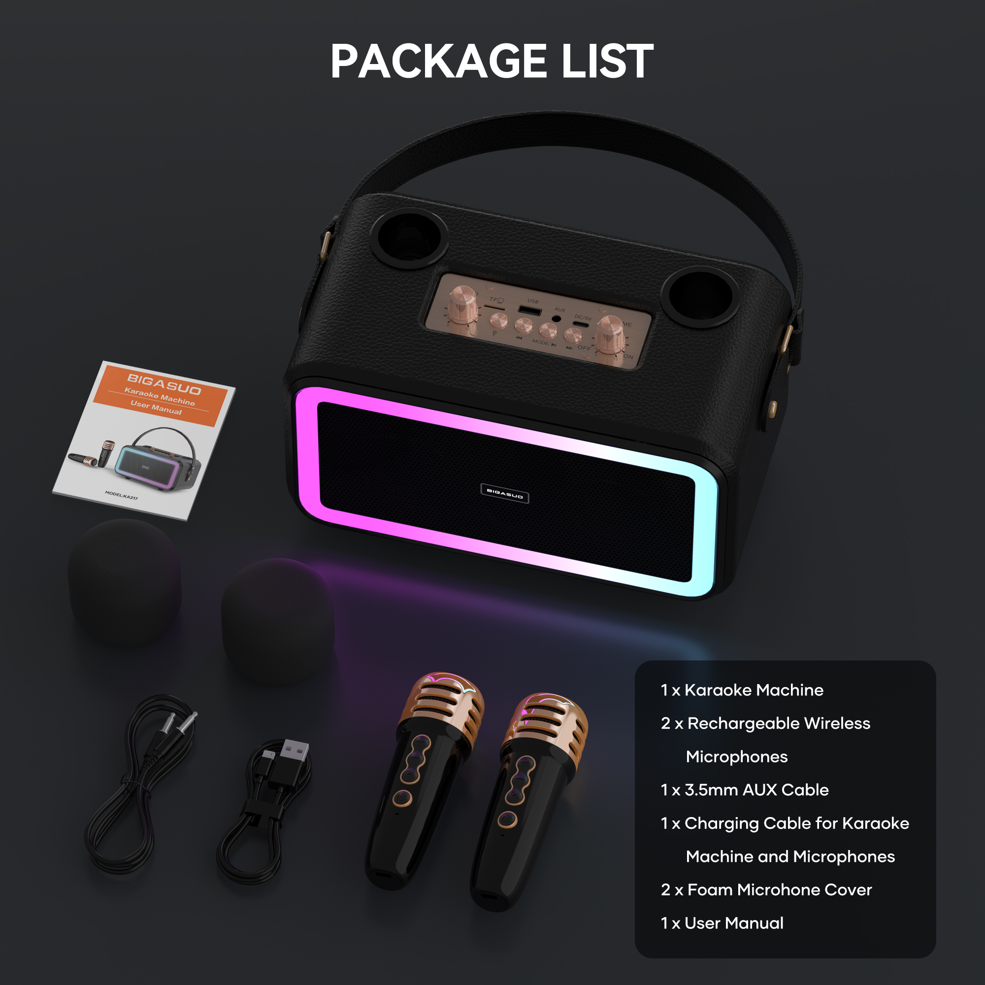 BIGASUO Portable Karaoke Machine, 2 UHF Wireless Mics photo 5