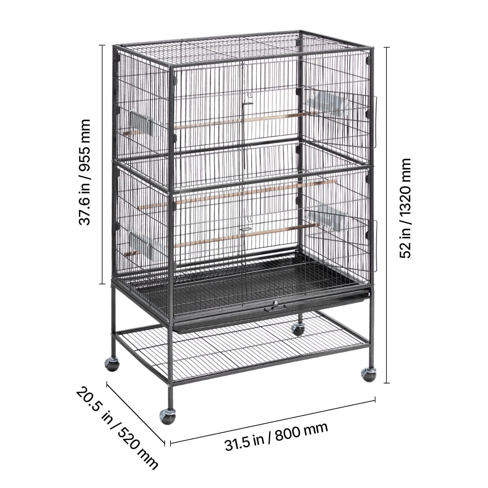 KFFKFF Bird Cage, 31.5 x 20.5 x 52 inch, Flat Top, Durable Wrought Iron Design with Perches, Removable Tray, Plastic Feeders, and Casters, Suitable for Parrot, Blue Tit, Cockatiel, Canary