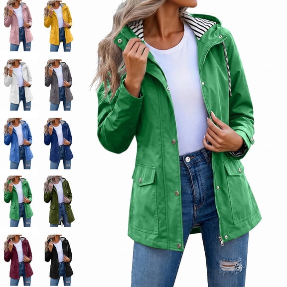 Womens Waterproof Windproof Jacket Casual Hooded Mid-Length Waterproof Jacket With Flap Pockets Outdoor Hiking And Climbing
