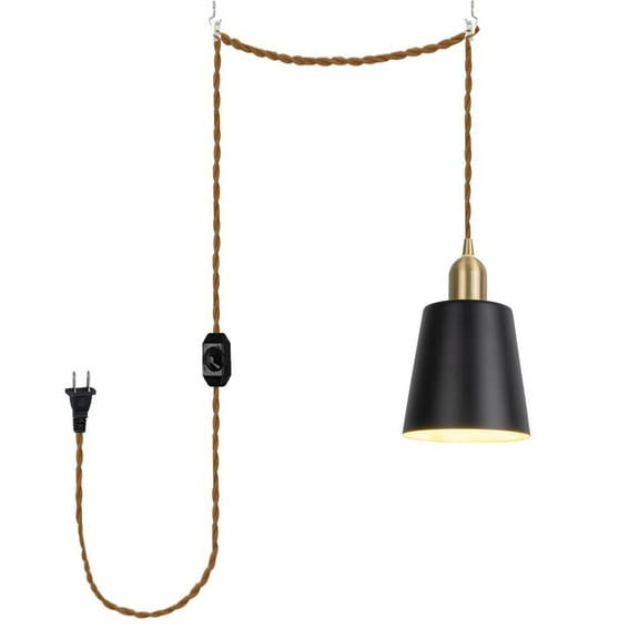 KAYYELAMP Corded Pendant Light 19.6 Feet Dimmable Switch Plug in Cord Black Barrel Metal Lampshade E26 Brass Base Vintage Design Metal Hanging Lamp for Kitchen Bar Bedroom(No Bulb)