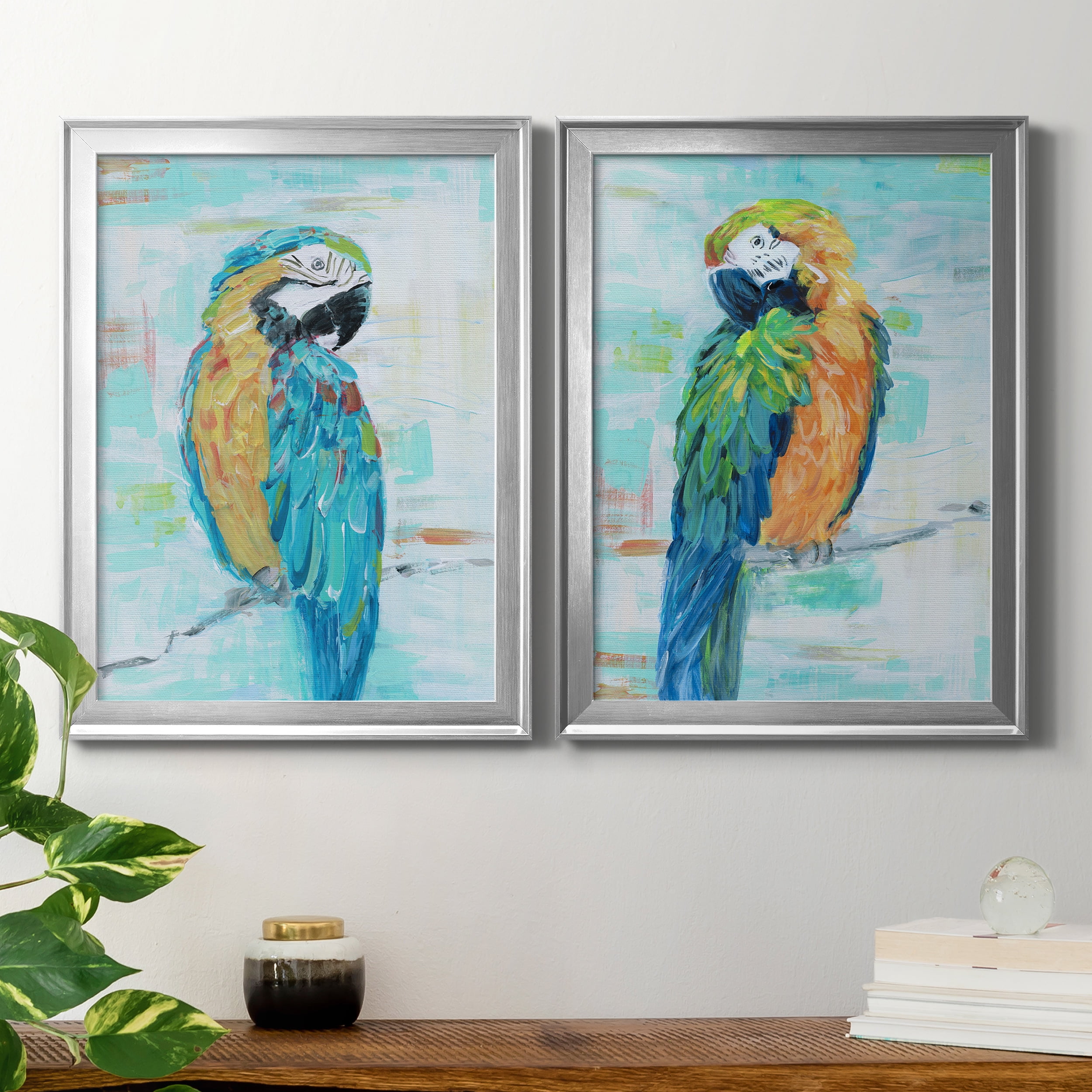 2 Piece Set Island Parrot I Premium Framed Canvas - Ready to Hang - 22.5 x 30.5 Each - Silver Frame