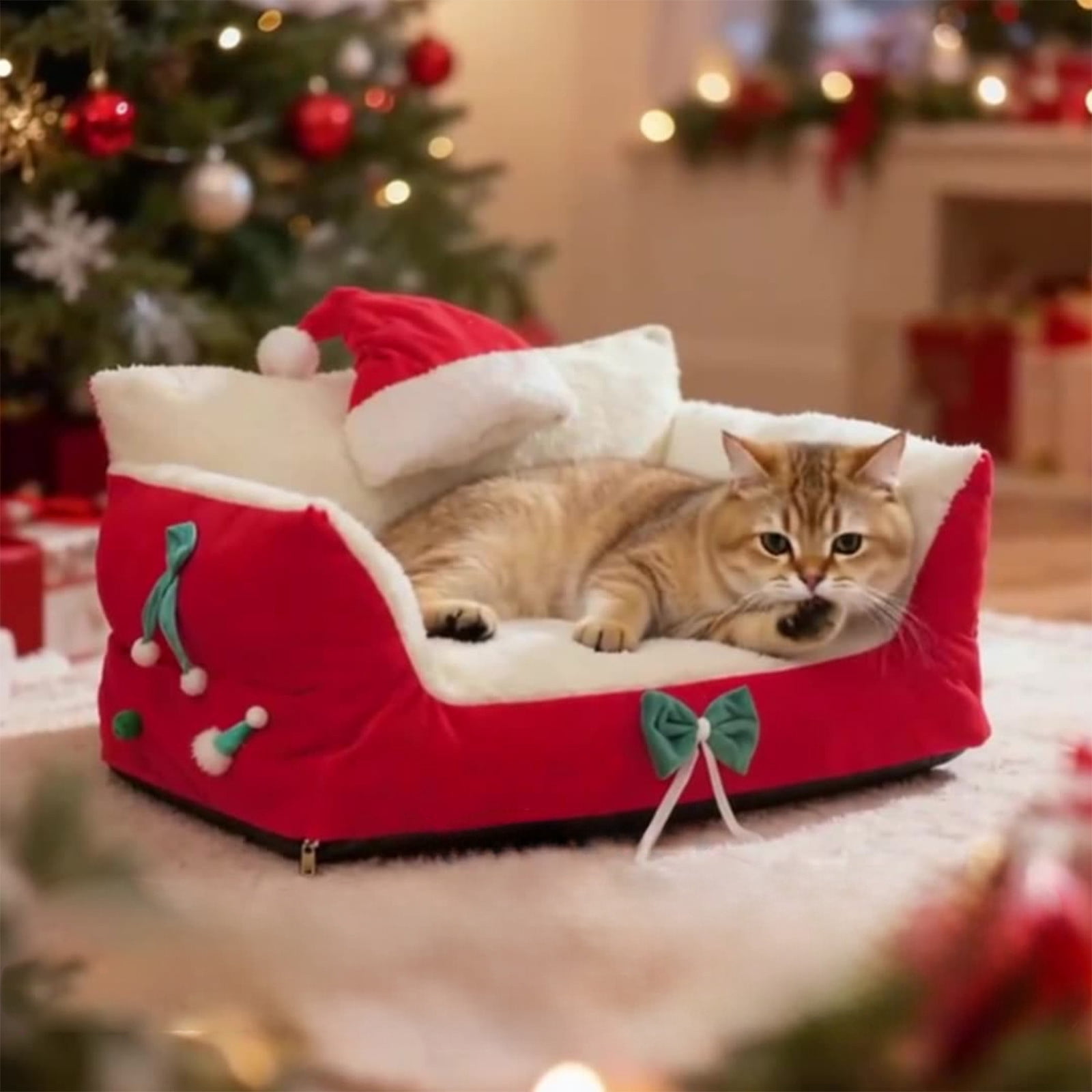 AuroraX Small Cat Bed Cute Self Warming Warm Christmas Cat Bed Warm Cozy Soft Anti-Slip Plush House for Indoor Cats Kittens and Small Dogs(Red)